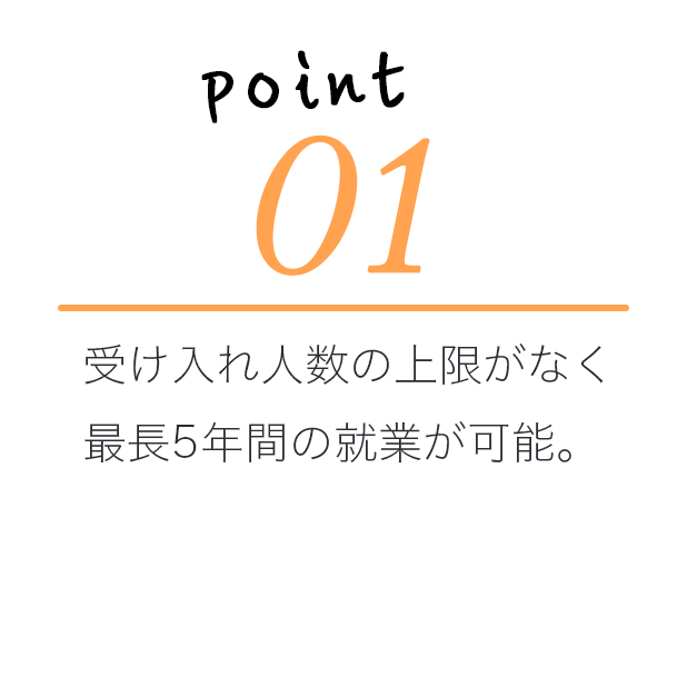 受け入れ人数の上限がなく最長5年間の就業が可能。